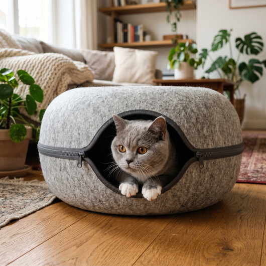 Katze schaut aus dem Tunnel der Wooflyx SchnurrHöhle